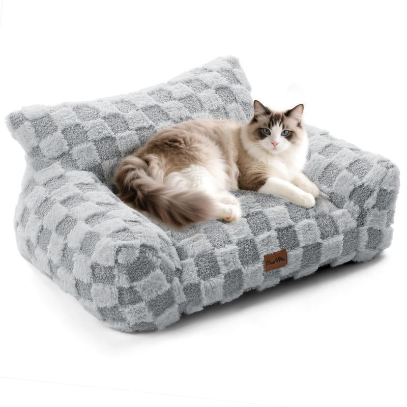 MADE 4 PETS Cat Couch Dog Bed Soft Faux Fur Checkered Pet Sofa Calming Fluffy Cat Sofa with Supportive Foam Removable Washable Cover with Non-Slip Base White Small