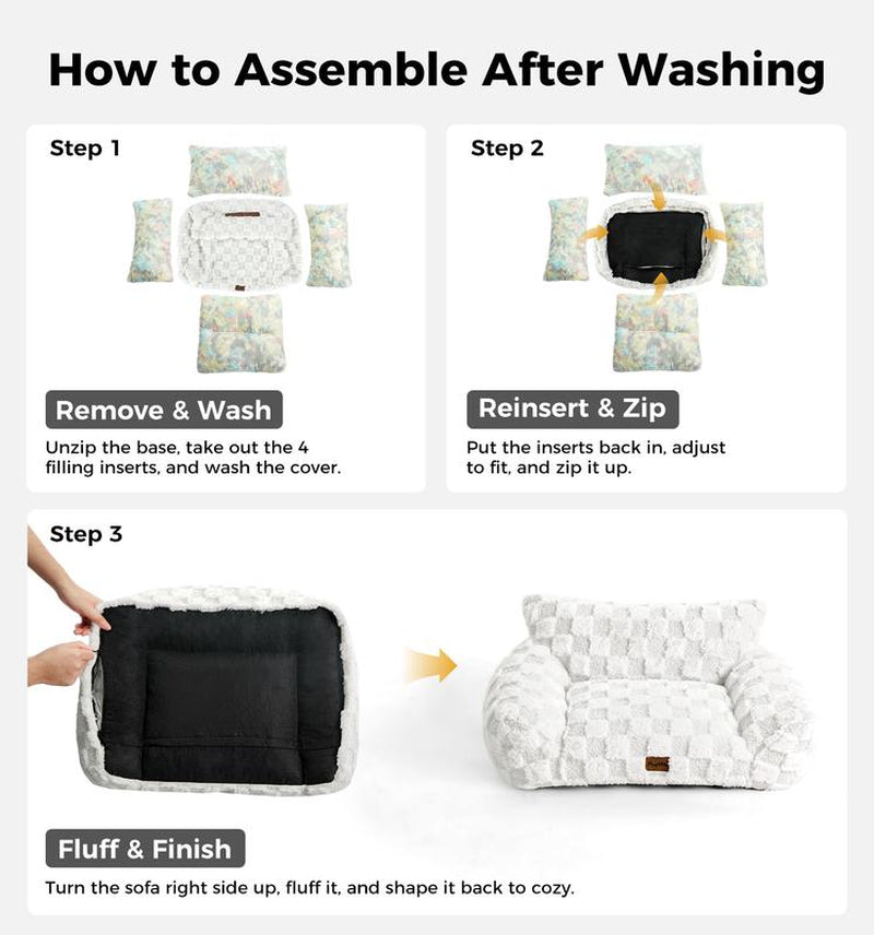 MADE 4 PETS Cat Couch Dog Bed Soft Faux Fur Checkered Pet Sofa Calming Fluffy Cat Sofa with Supportive Foam Removable Washable Cover with Non-Slip Base White Small