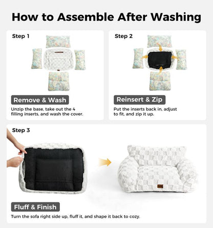 MADE 4 PETS Cat Couch Dog Bed Soft Faux Fur Checkered Pet Sofa Calming Fluffy Cat Sofa with Supportive Foam Removable Washable Cover with Non-Slip Base White Small