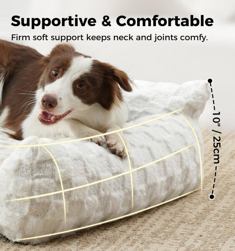 MADE 4 PETS Cat Couch Dog Bed Soft Faux Fur Checkered Pet Sofa Calming Fluffy Cat Sofa with Supportive Foam Removable Washable Cover with Non-Slip Base White Small