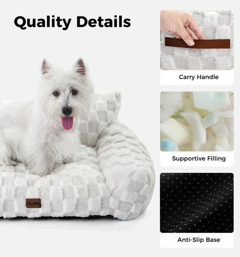 MADE 4 PETS Cat Couch Dog Bed Soft Faux Fur Checkered Pet Sofa Calming Fluffy Cat Sofa with Supportive Foam Removable Washable Cover with Non-Slip Base White Small
