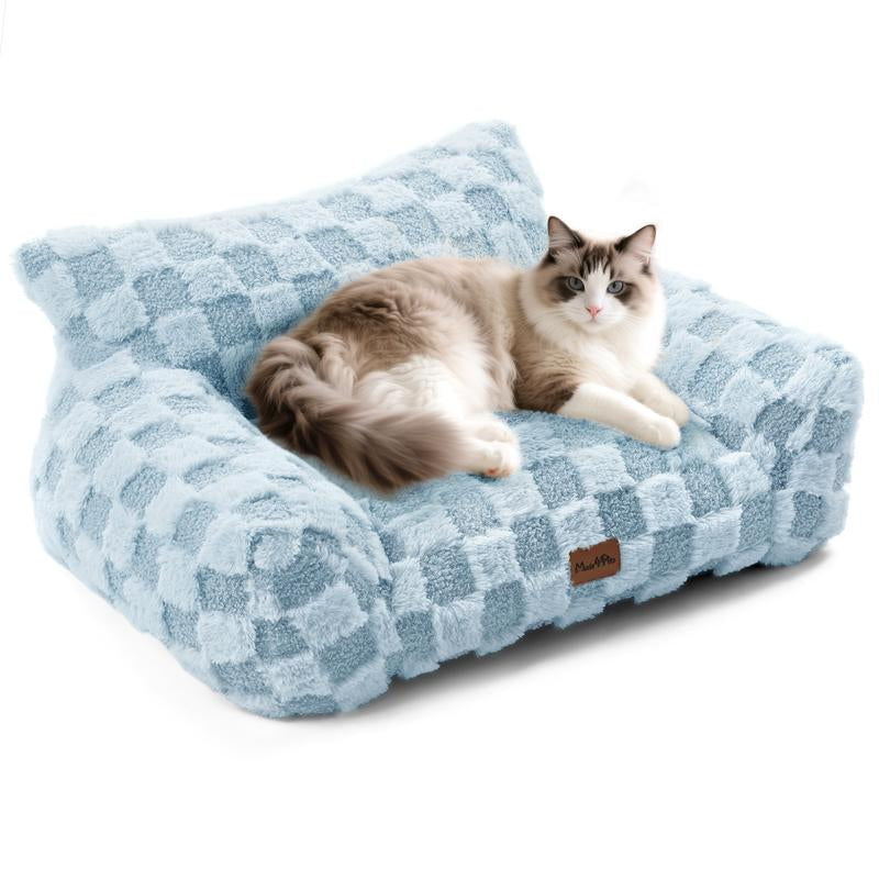 MADE 4 PETS Cat Couch Dog Bed Soft Faux Fur Checkered Pet Sofa Calming Fluffy Cat Sofa with Supportive Foam Removable Washable Cover with Non-Slip Base White Small