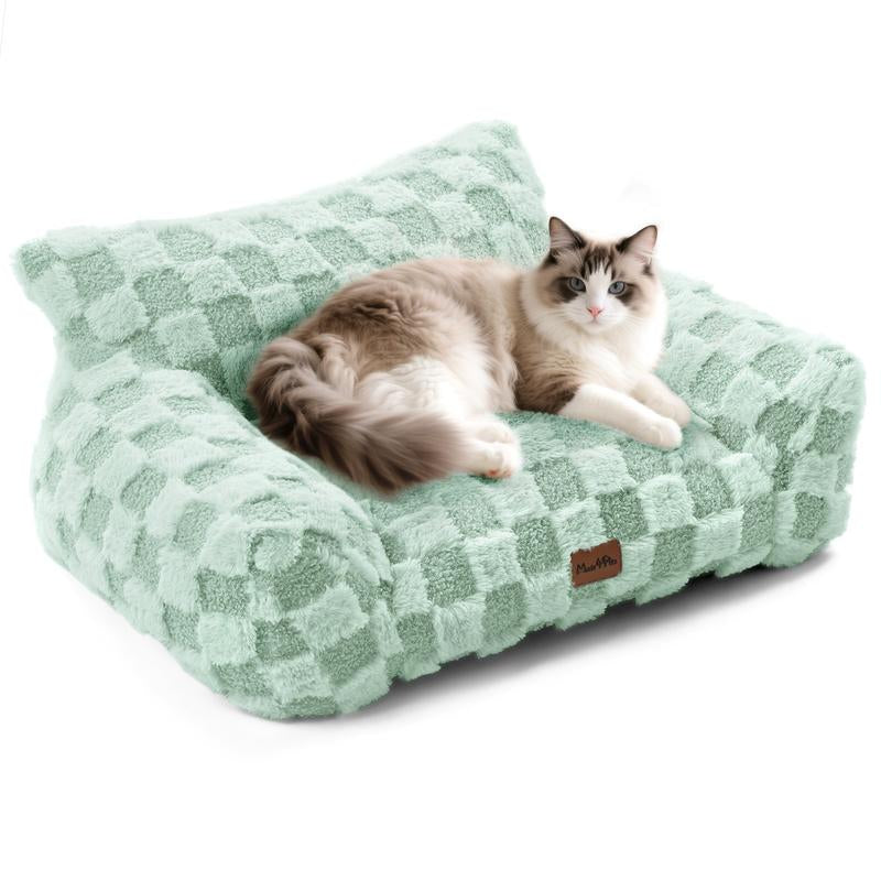 MADE 4 PETS Cat Couch Dog Bed Soft Faux Fur Checkered Pet Sofa Calming Fluffy Cat Sofa with Supportive Foam Removable Washable Cover with Non-Slip Base White Small