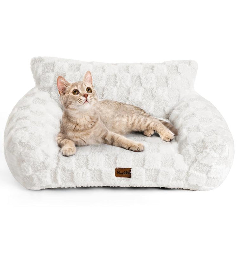 MADE 4 PETS Cat Couch Dog Bed Soft Faux Fur Checkered Pet Sofa Calming Fluffy Cat Sofa with Supportive Foam Removable Washable Cover with Non-Slip Base White Small