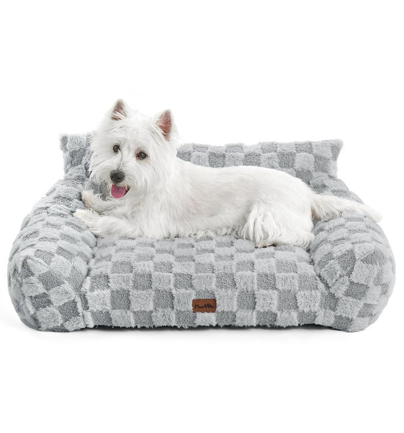 MADE 4 PETS Cat Couch Dog Bed Soft Faux Fur Checkered Pet Sofa Calming Fluffy Cat Sofa with Supportive Foam Removable Washable Cover with Non-Slip Base White Small