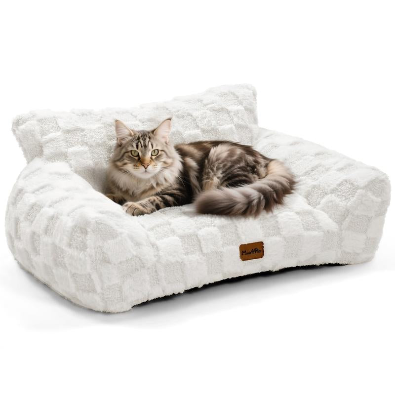 MADE 4 PETS Cat Couch Dog Bed Soft Faux Fur Checkered Pet Sofa Calming Fluffy Cat Sofa with Supportive Foam Removable Washable Cover with Non-Slip Base White Small
