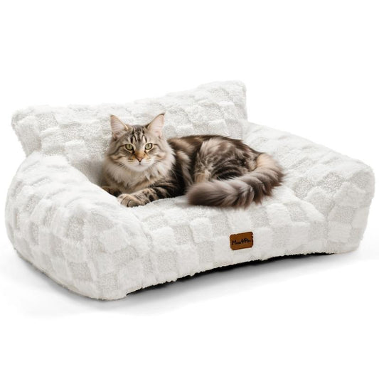 MADE 4 PETS Cat Couch Dog Bed Soft Faux Fur Checkered Pet Sofa Calming Fluffy Cat Sofa with Supportive Foam Removable Washable Cover with Non-Slip Base White Small