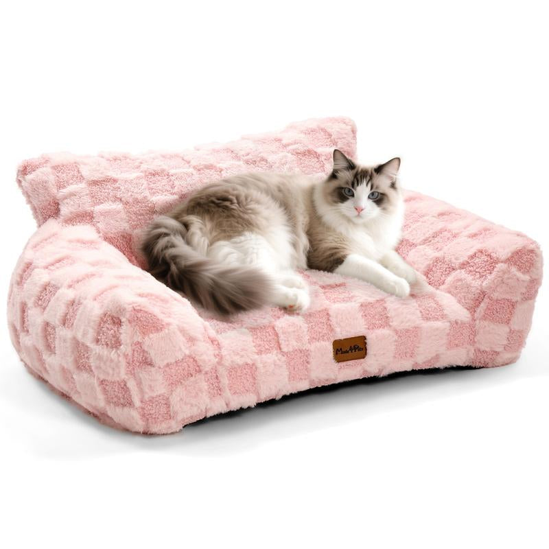 MADE 4 PETS Cat Couch Dog Bed Soft Faux Fur Checkered Pet Sofa Calming Fluffy Cat Sofa with Supportive Foam Removable Washable Cover with Non-Slip Base White Small