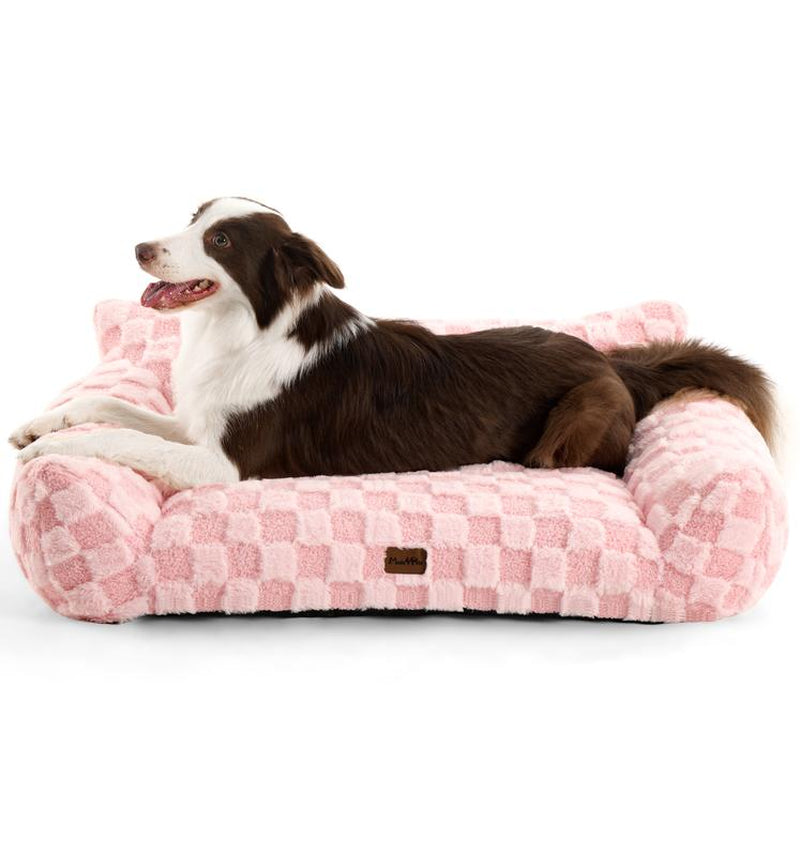 MADE 4 PETS Cat Couch Dog Bed Soft Faux Fur Checkered Pet Sofa Calming Fluffy Cat Sofa with Supportive Foam Removable Washable Cover with Non-Slip Base White Small