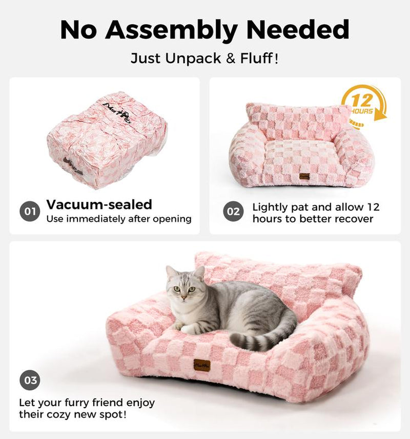 MADE 4 PETS Cat Couch Dog Bed Soft Faux Fur Checkered Pet Sofa Calming Fluffy Cat Sofa with Supportive Foam Removable Washable Cover with Non-Slip Base White Small