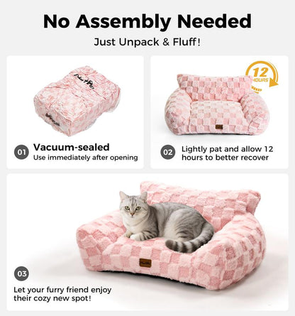 MADE 4 PETS Cat Couch Dog Bed Soft Faux Fur Checkered Pet Sofa Calming Fluffy Cat Sofa with Supportive Foam Removable Washable Cover with Non-Slip Base White Small